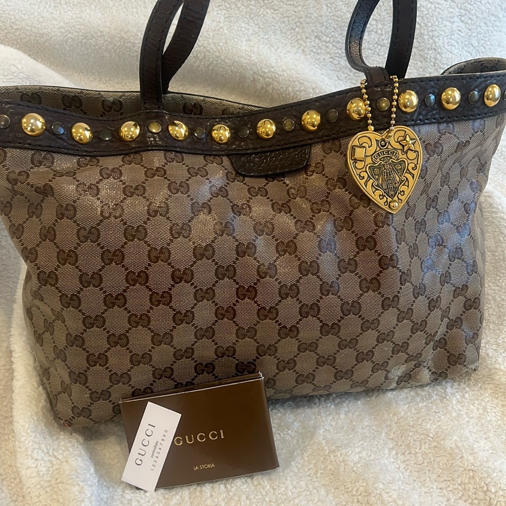 ✨ Vintage Gucci Classic Babouska Crystal Canvas and Leather Tote - Picture 4 of 13